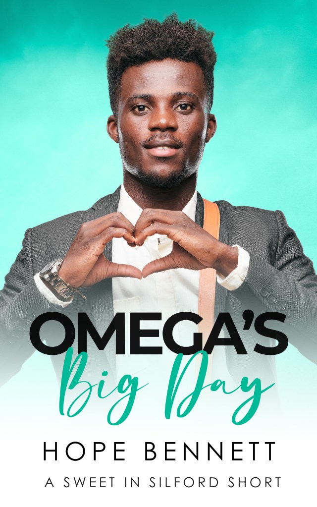 Book cover for Omega's Big Day by Hope Bennett. A handsome young Black man wearing a suit is making a heart shape with his hands and smiling a little at the camera.